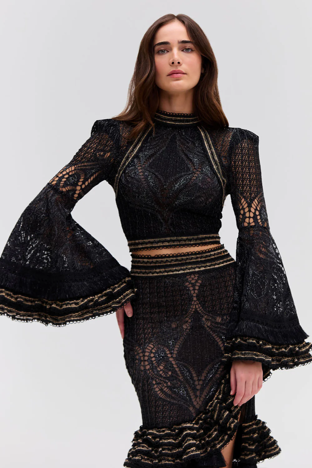 LACE AND FRINGE BELL SLEEVE TOP