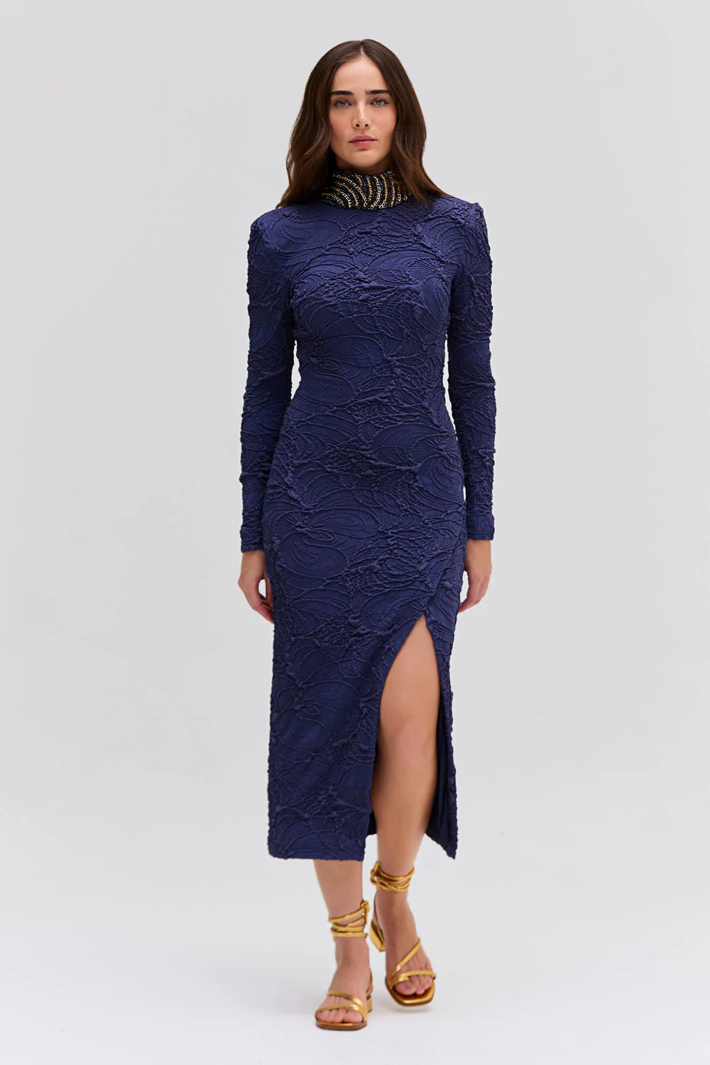 Chain Embellished Jacquard Midi Dress