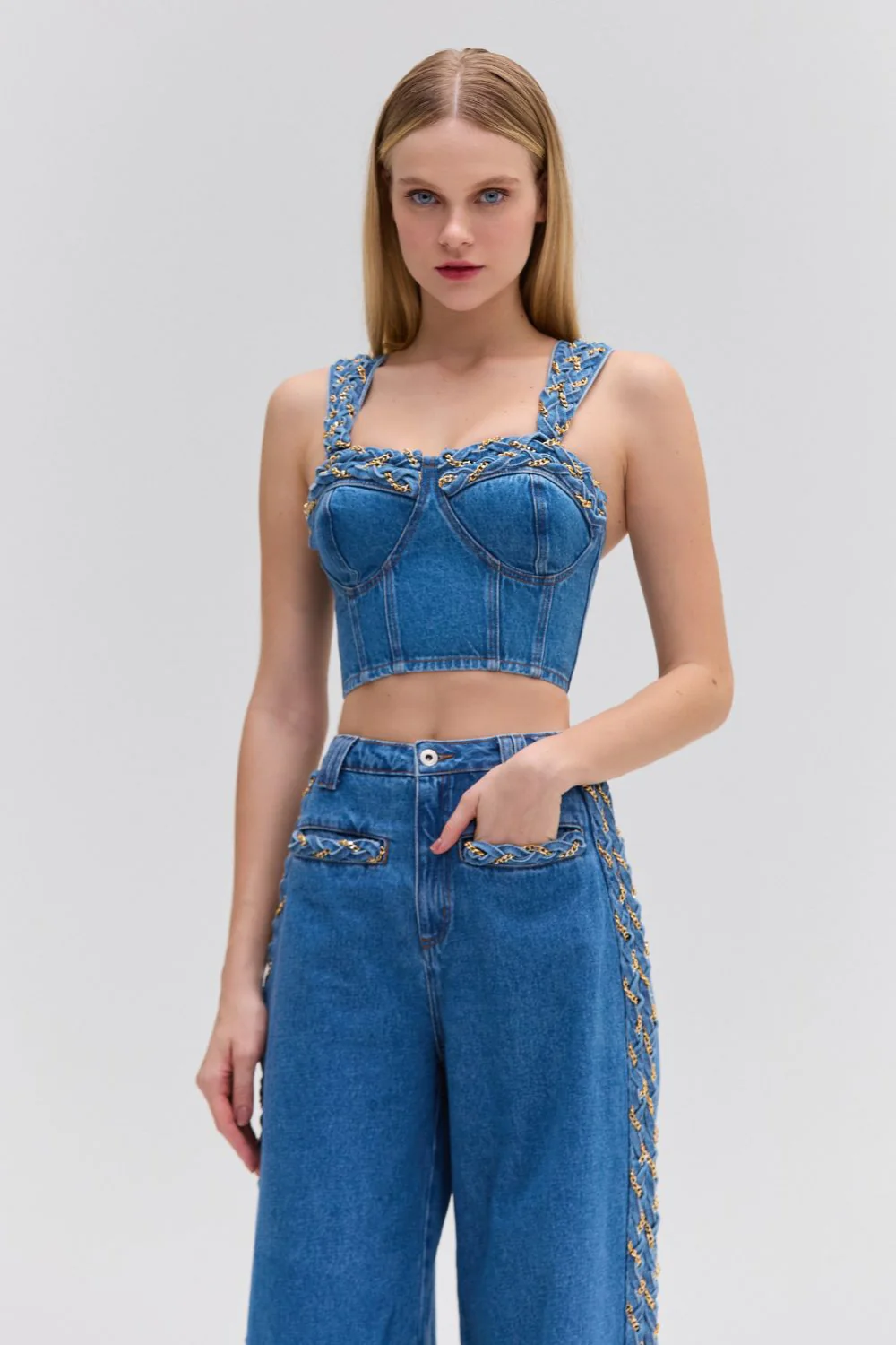 Braided Denim Cropped Top