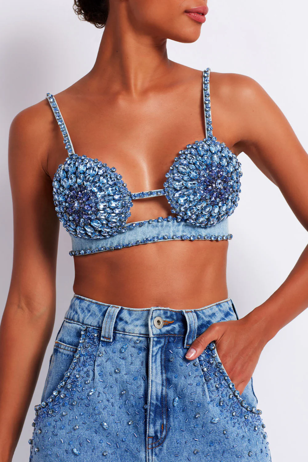 HAND-BEADED DENIM BRALETTE