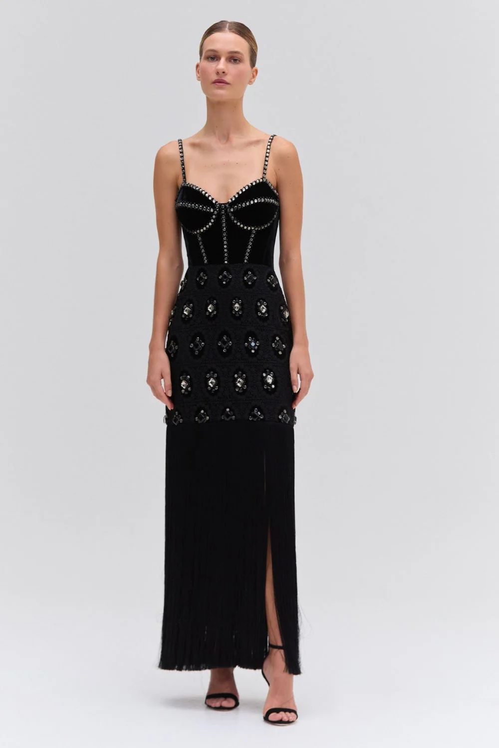 BEADED VELVET LACE MAXI DRESS