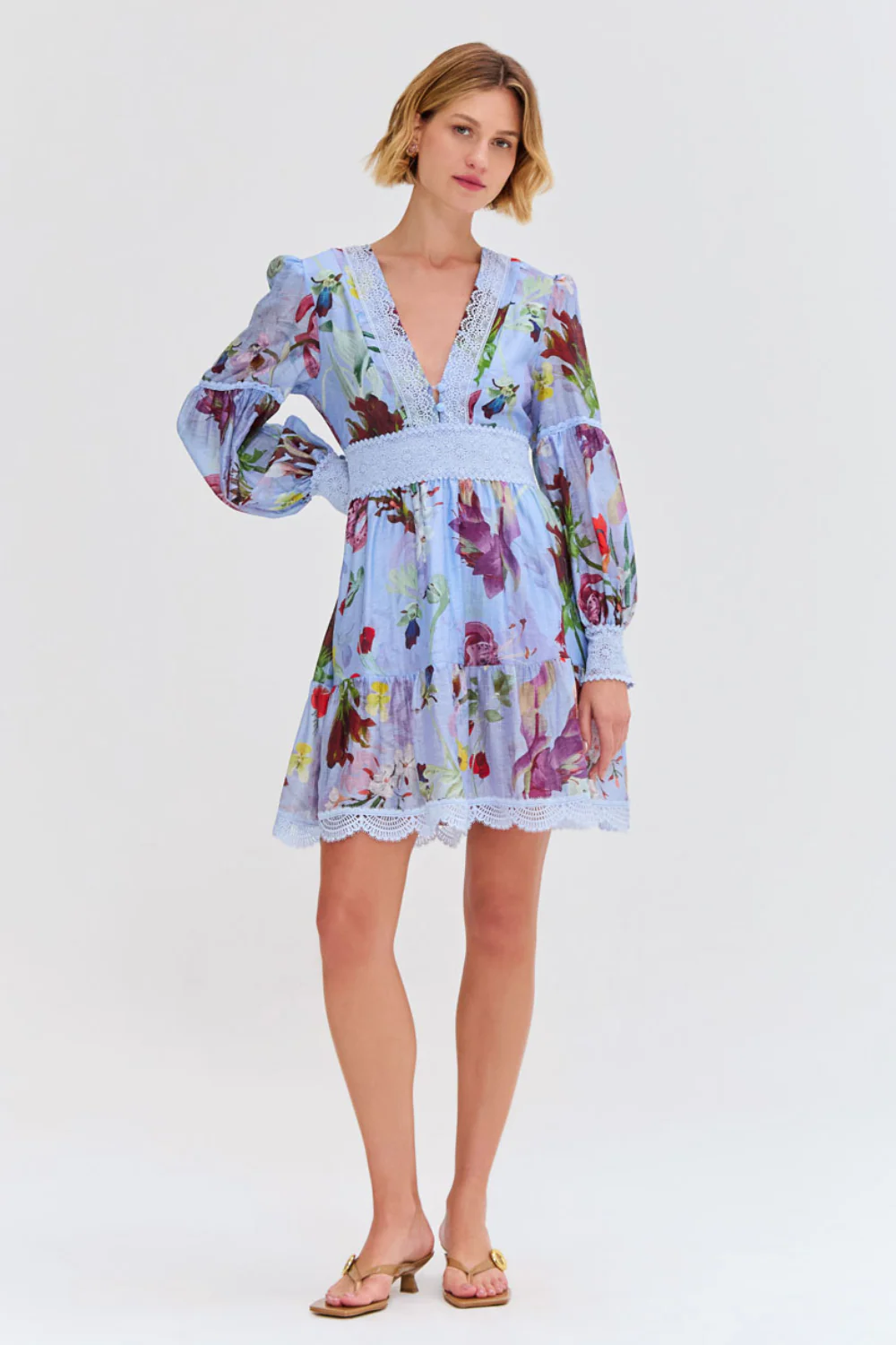 LILY FLOWER LONG SLEEVE PLUNGE MINI DRESS